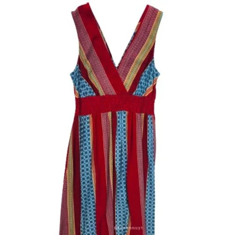Womens M Avon Boho Phoebe Buffay Sleeveless Striped Smocked Maxi Dress ♥️
